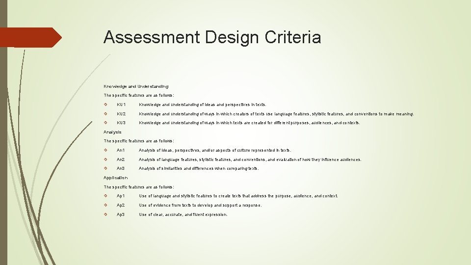 Assessment Design Criteria Knowledge and Understanding The specific features are as follows: KU 1