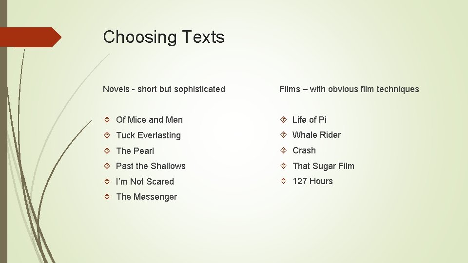 Choosing Texts Novels - short but sophisticated Films – with obvious film techniques Of