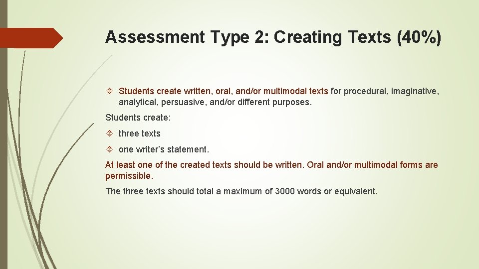 Assessment Type 2: Creating Texts (40%) Students create written, oral, and/or multimodal texts for