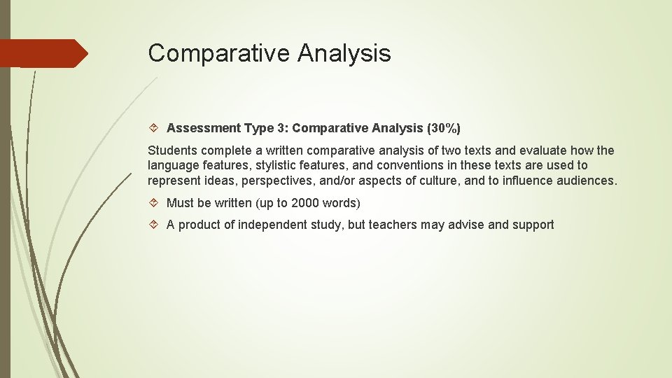 Comparative Analysis Assessment Type 3: Comparative Analysis (30%) Students complete a written comparative analysis