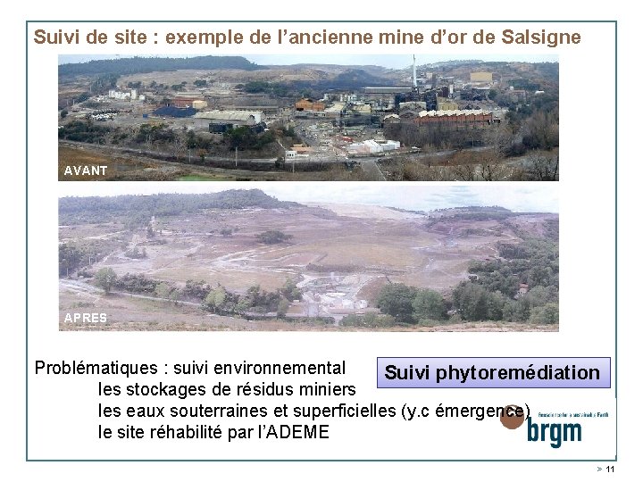 Suivi de site : exemple de l’ancienne mine d’or de Salsigne AVANT APRES Problématiques