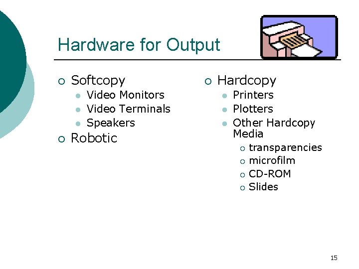 Hardware for Output ¡ Softcopy l l l ¡ Video Monitors Video Terminals Speakers