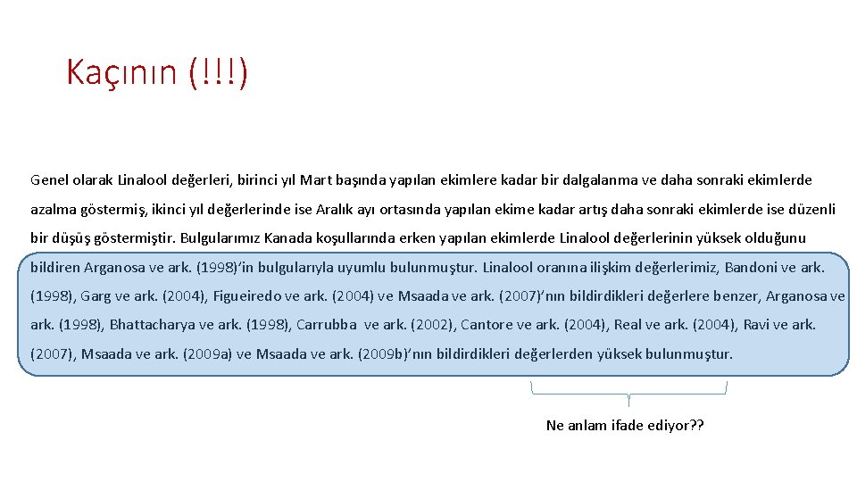 Kaçının (!!!) Genel olarak Linalool değerleri, birinci yıl Mart başında yapılan ekimlere kadar bir