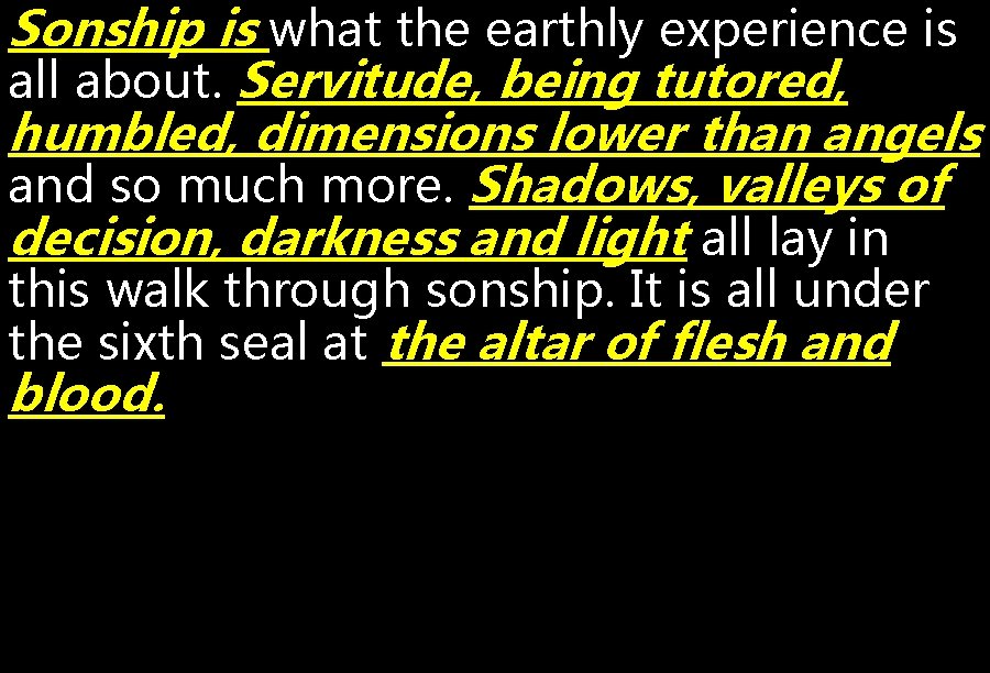 Sonship is what the earthly experience is all about. Servitude, being tutored, humbled, dimensions