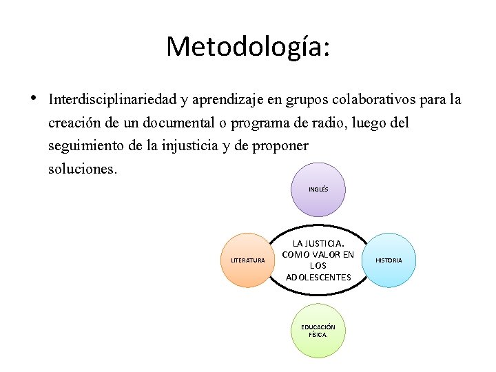 Metodología: • Interdisciplinariedad y aprendizaje en grupos colaborativos para la creación de un documental