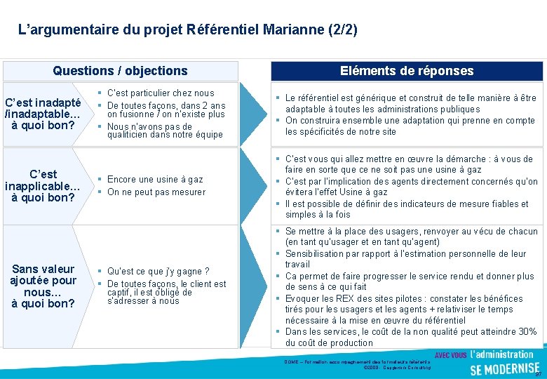 L’argumentaire du projet Référentiel Marianne (2/2) Questions / objections C’est inadapté /inadaptable… à quoi