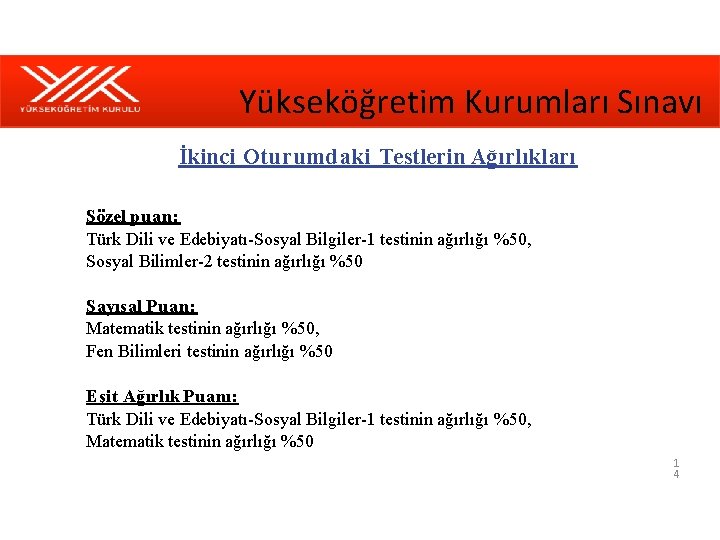 Yükseköğretim Kurumları Sınavı İkinci Oturumdaki Testlerin Ağırlıkları Sözel puan: Türk Dili ve Edebiyatı-Sosyal Bilgiler-1