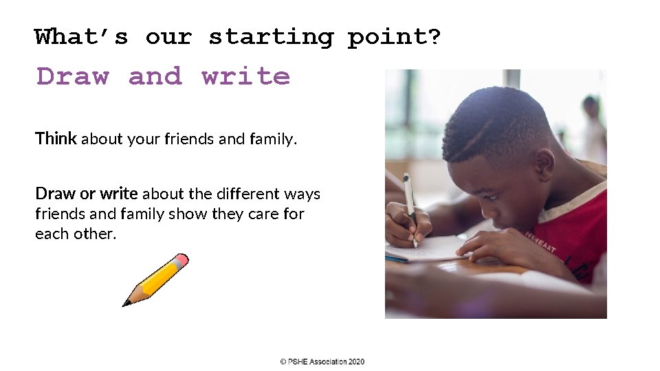 What’s our starting point? Draw and write Think about your friends and family. Draw