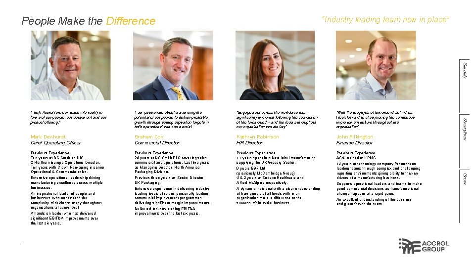 People Make the Difference “Industry leading team now in place” Simplify “Engagement across the