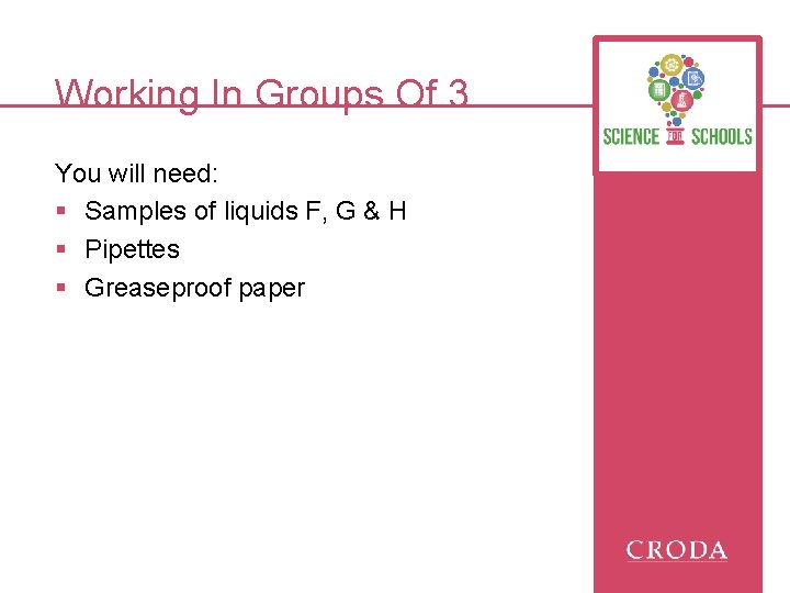 Working In Groups Of 3 You will need: § Samples of liquids F, G