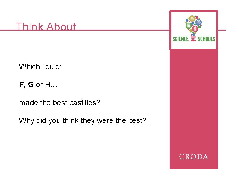 Think About… Which liquid: F, G or H… made the best pastilles? Why did