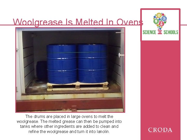 Woolgrease Is Melted In Ovens The drums are placed in large ovens to melt