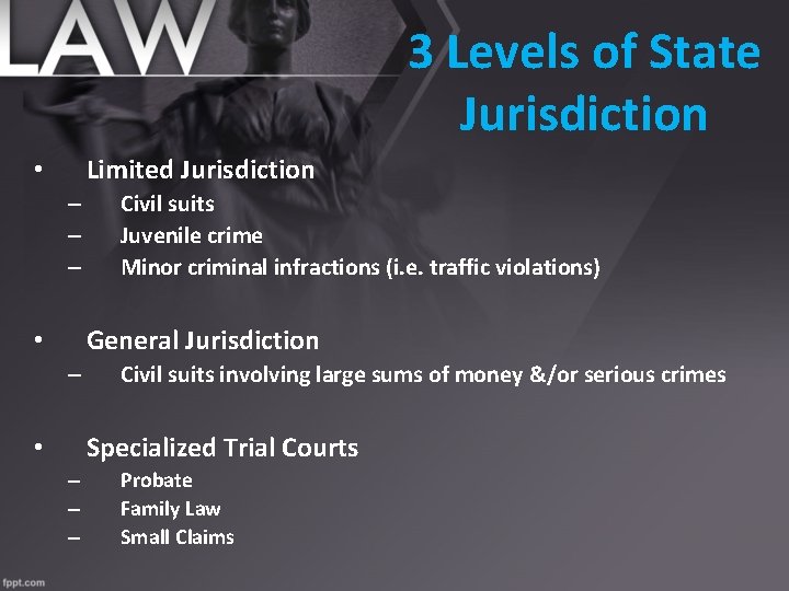 3 Levels of State Jurisdiction Limited Jurisdiction • – – – Civil suits Juvenile