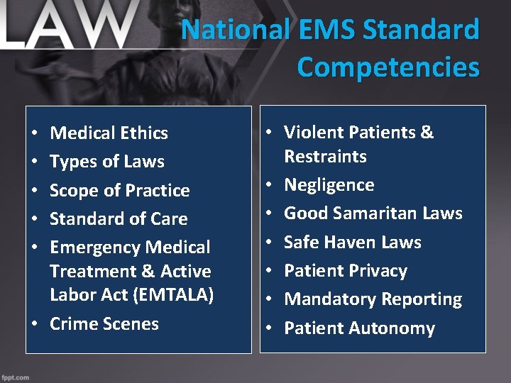 National EMS Standard Competencies Medical Ethics Types of Laws Scope of Practice Standard of