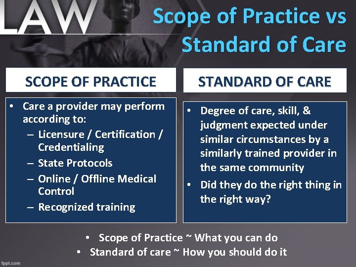 Scope of Practice vs Standard of Care SCOPE OF PRACTICE • Care a provider