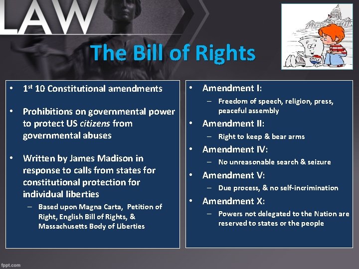 The Bill of Rights • 1 st 10 Constitutional amendments • Prohibitions on governmental