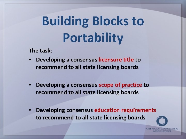 Building Blocks to Portability The task: • Developing a consensus licensure title to recommend