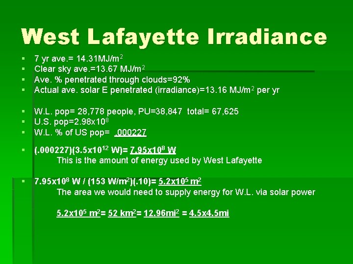 West Lafayette Irradiance § § 7 yr ave. = 14. 31 MJ/m 2 Clear