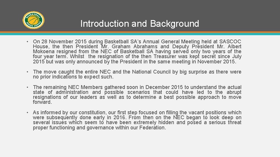 BASKETBALL SOUTH AFRICA Presentation to Parliament Portfolio Committee