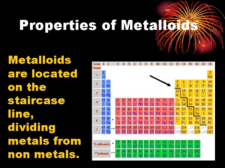 Properties of Metalloids are located on the staircase line, dividing metals from non metals.