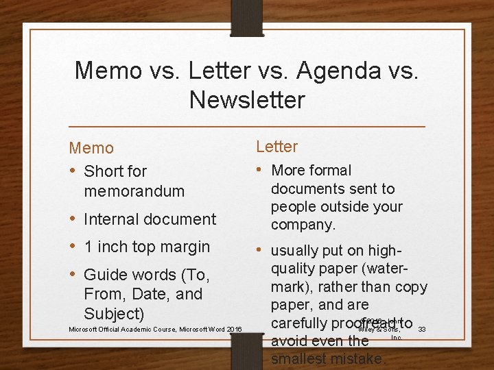 Memo vs. Letter vs. Agenda vs. Newsletter Memo • Short for memorandum • Internal