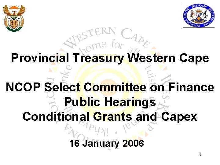 Provincial Treasury Western Cape NCOP Select Committee on Finance Public Hearings Conditional Grants and