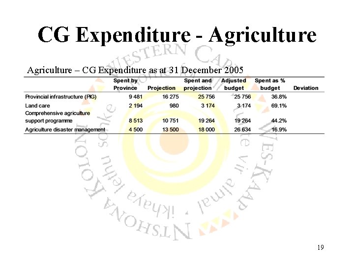 CG Expenditure - Agriculture – CG Expenditure as at 31 December 2005 19 