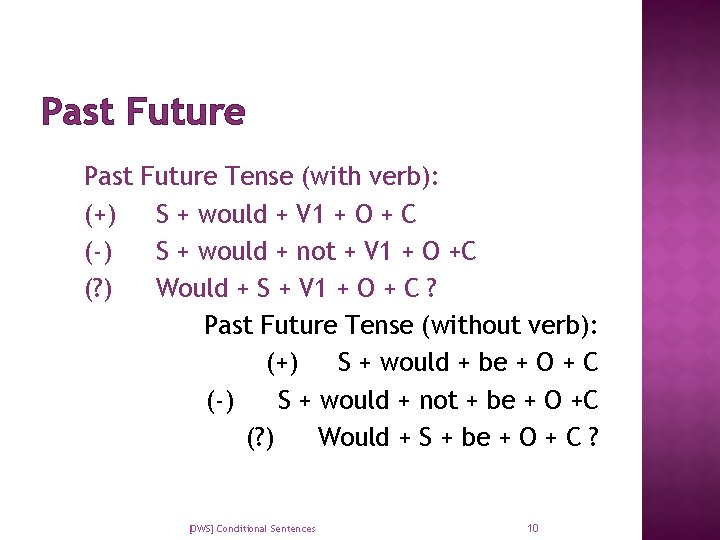 Past Future Past (+) (-) (? ) Future Tense (with verb): S + would