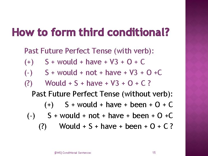 How to form third conditional? Past Future Perfect Tense (with verb): (+) S +