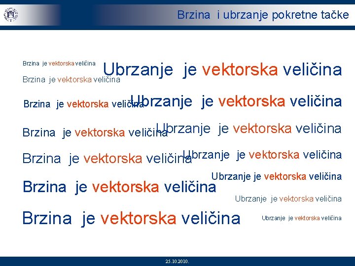 Brzina i ubrzanje pokretne tačke Brzina je vektorska veličina Ubrzanje je vektorska veličina Brzina