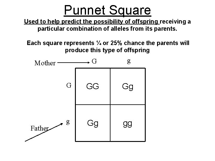 Punnet Square Used to help predict the possibility of offspring receiving a particular combination