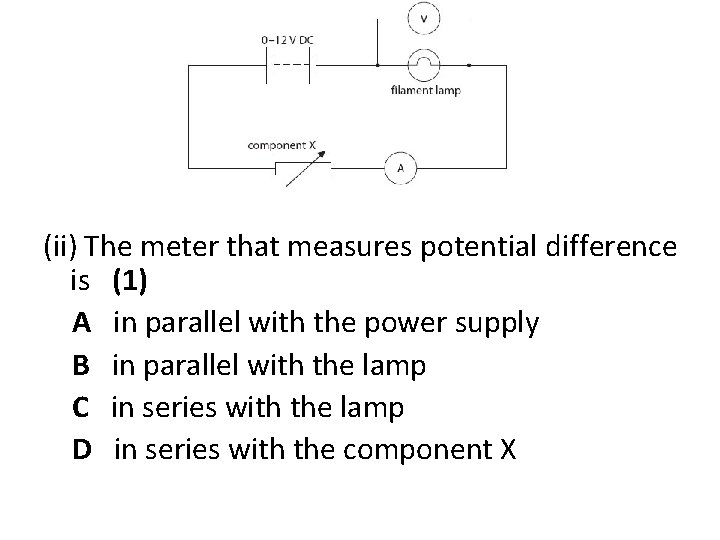 (ii) The meter that measures potential difference is (1) A in parallel with the (ii) The meter that measures potential difference is (1) A in parallel with the