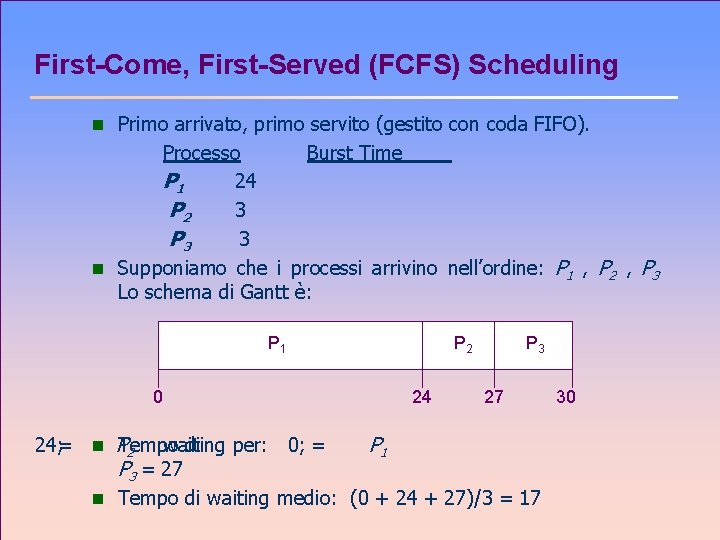 First-Come, First-Served (FCFS) Scheduling n Primo arrivato, primo servito (gestito con coda FIFO). Processo