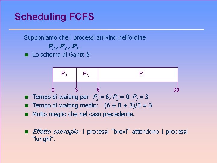 Scheduling FCFS Supponiamo che i processi arrivino nell’ordine P 2 , P 3 ,