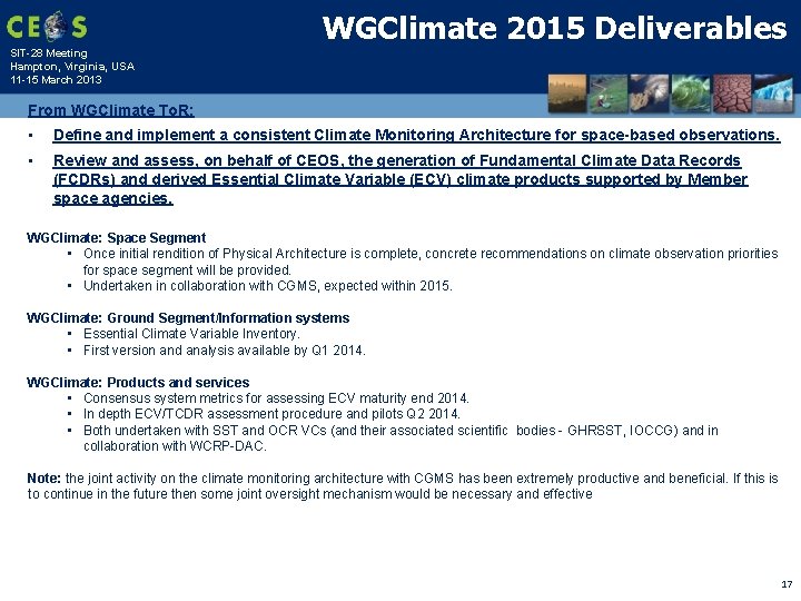 WGClimate 2015 Deliverables SIT-28 Meeting Hampton, Virginia, USA 11 -15 March 2013 From WGClimate