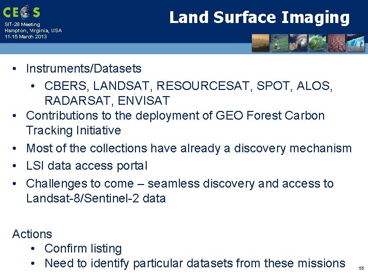 SIT-28 Meeting Hampton, Virginia, USA 11 -15 March 2013 Land Surface Imaging • Instruments/Datasets