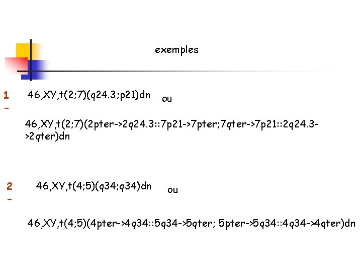 exemples 1 - 46, XY, t(2; 7)(q 24. 3; p 21)dn ou 46, XY,