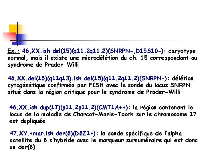 Ex. : 46, XX. ish del(15)(q 11. 2)(SNRPN-, D 15 S 10 -): caryotype