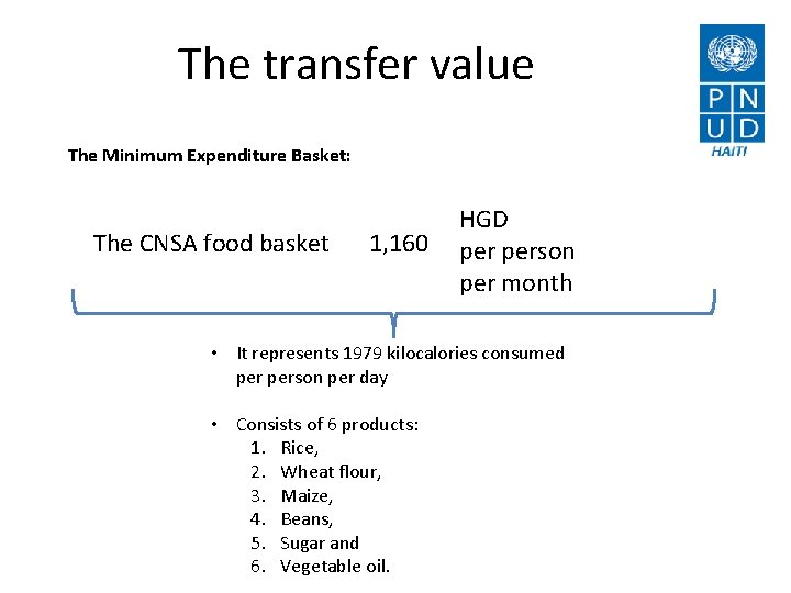 The transfer value The Minimum Expenditure Basket: The CNSA food basket 1, 160 HGD