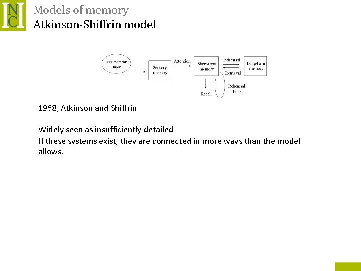 Models of memory Atkinson-Shiffrin model 1968, Atkinson and Shiffrin Widely seen as insufficiently detailed