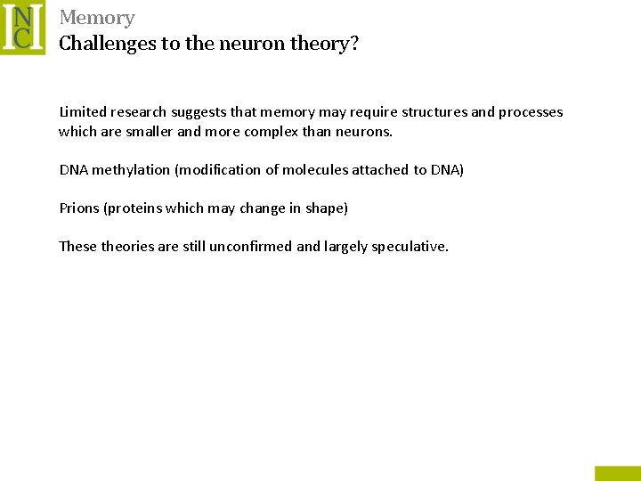 Memory Challenges to the neuron theory? Limited research suggests that memory may require structures