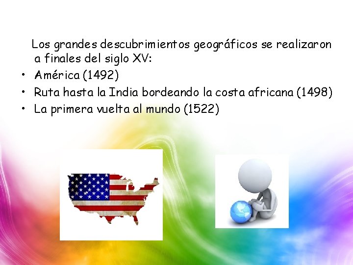Los grandes descubrimientos geográficos se realizaron a finales del siglo XV: • América (1492)