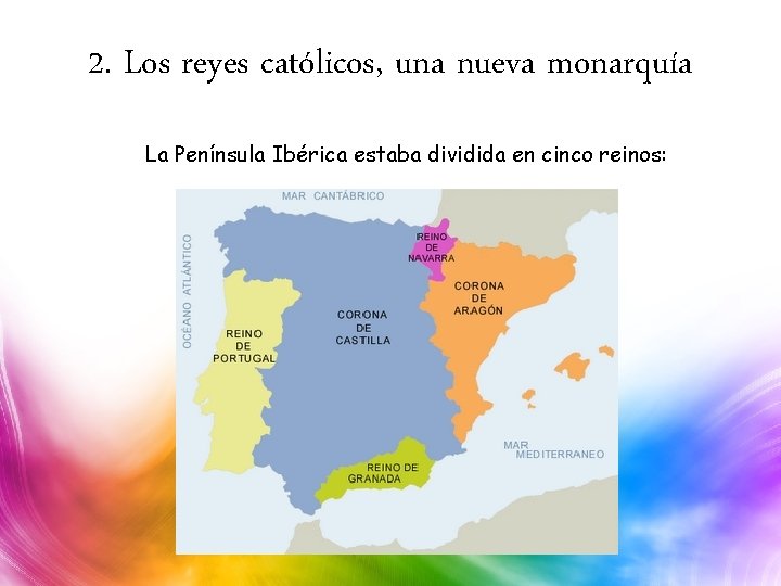 2. Los reyes católicos, una nueva monarquía La Península Ibérica estaba dividida en cinco