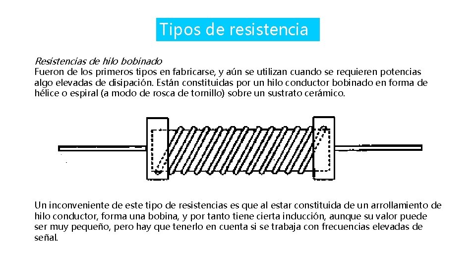 Tipos de resistencia Resistencias de hilo bobinado Fueron de los primeros tipos en fabricarse,