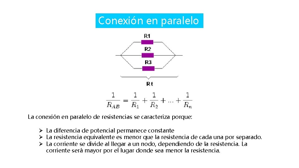 Conexión en paralelo La conexión en paralelo de resistencias se caracteriza porque: Ø La
