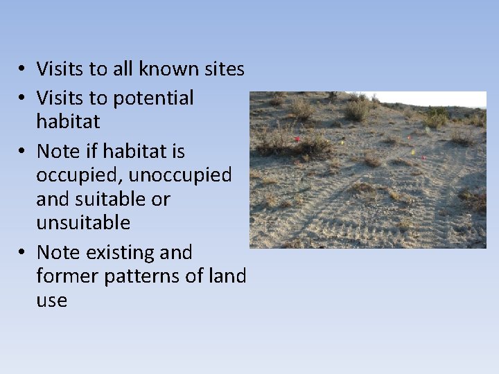  • Visits to all known sites • Visits to potential habitat • Note