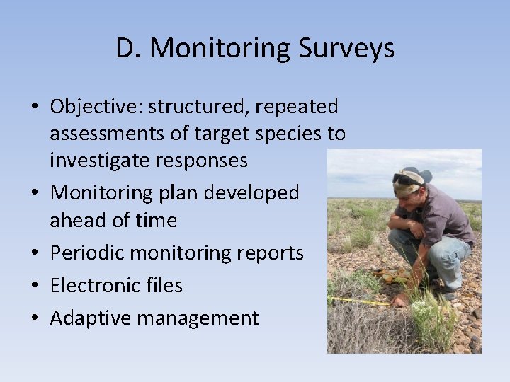 D. Monitoring Surveys • Objective: structured, repeated assessments of target species to investigate responses