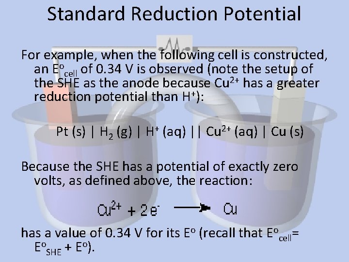 Standard Reduction Potential For example, when the following cell is constructed, an Eocell of