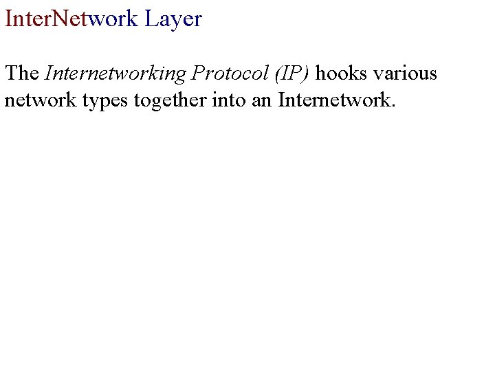 Inter. Network Layer The Internetworking Protocol (IP) hooks various network types together into an