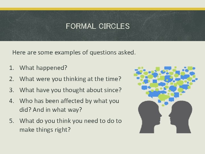 FORMAL CIRCLES Here are some examples of questions asked. 1. What happened? 2. What
